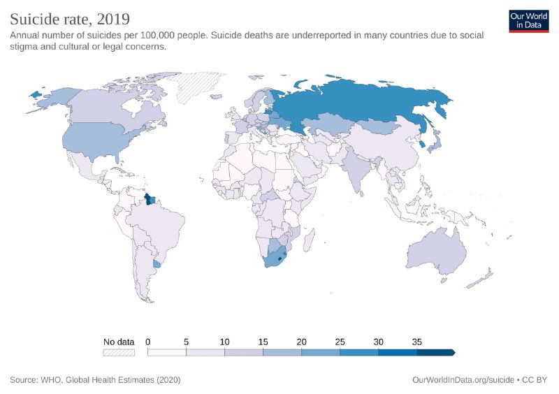 Мировая карта уровня самоубийств в 2019 году: хроматическая карта с градацией по числу самоубийств на 100 000 населения, глобальное сравнение стран.