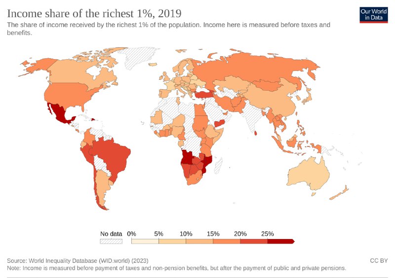 Карта доли доходов 1% самых богатых по странам за 2019 год; цветовая шкала показывает концентрацию доходов у верхнего процента.
