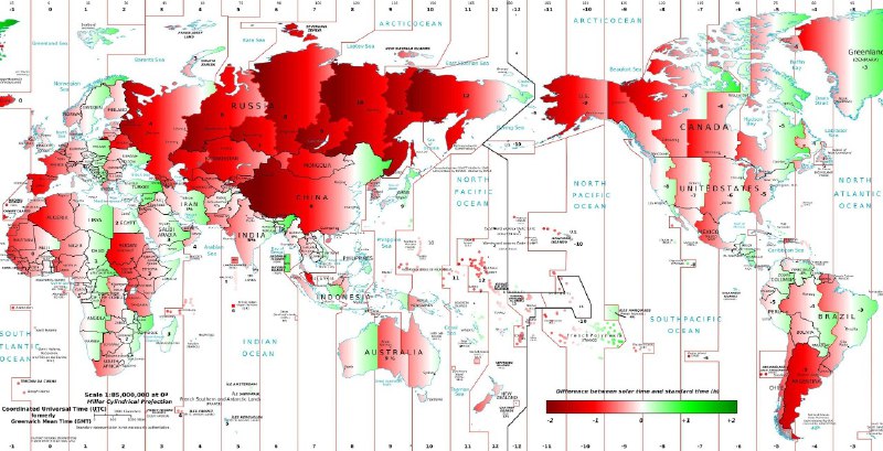 Карта мира, показывающая разницу между поясным и истинным солнечным временем: цветовая шкала и границы часовых поясов.