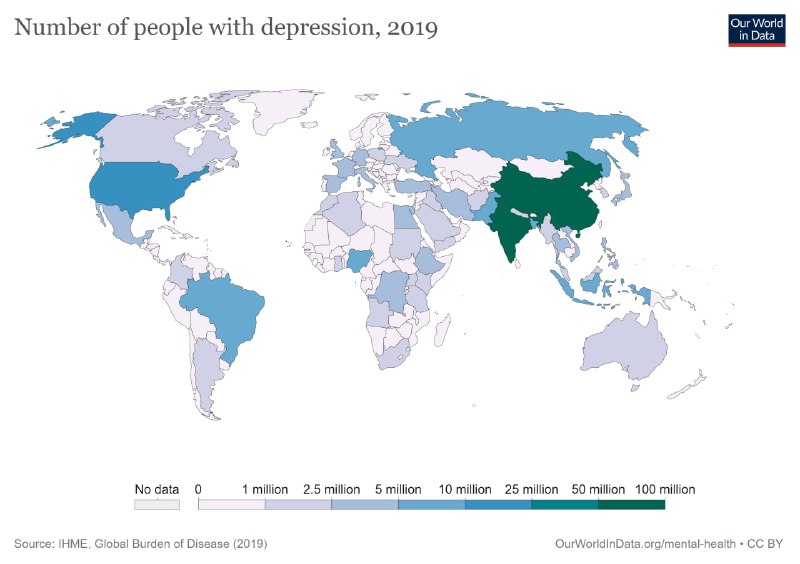 Карта мира, иллюстрирующая численность людей с депрессией в 2019 году по странам; цветовая шкала, легенда и ссылка на источник данных.