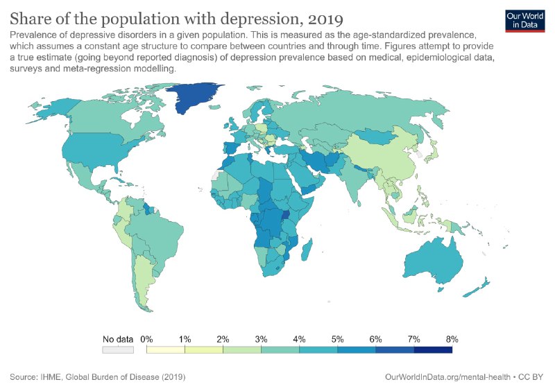 Карта мира с показанной долей населения, страдающего депрессией в 2019 году; цветовая шкала процентов и географическое распределение.