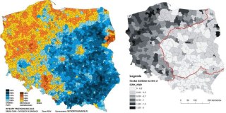 Две карты Польши: цветная карта распределения голосов на выборах 2015 года и градиентная карта ареалов обитания диких кабанов для сопоставления