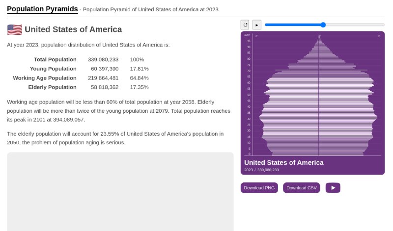 Скриншот карточки Population Pyramid с половозрастной пирамидой и статистикой по United States of America, фиолетово-лиловая палитра и данные.