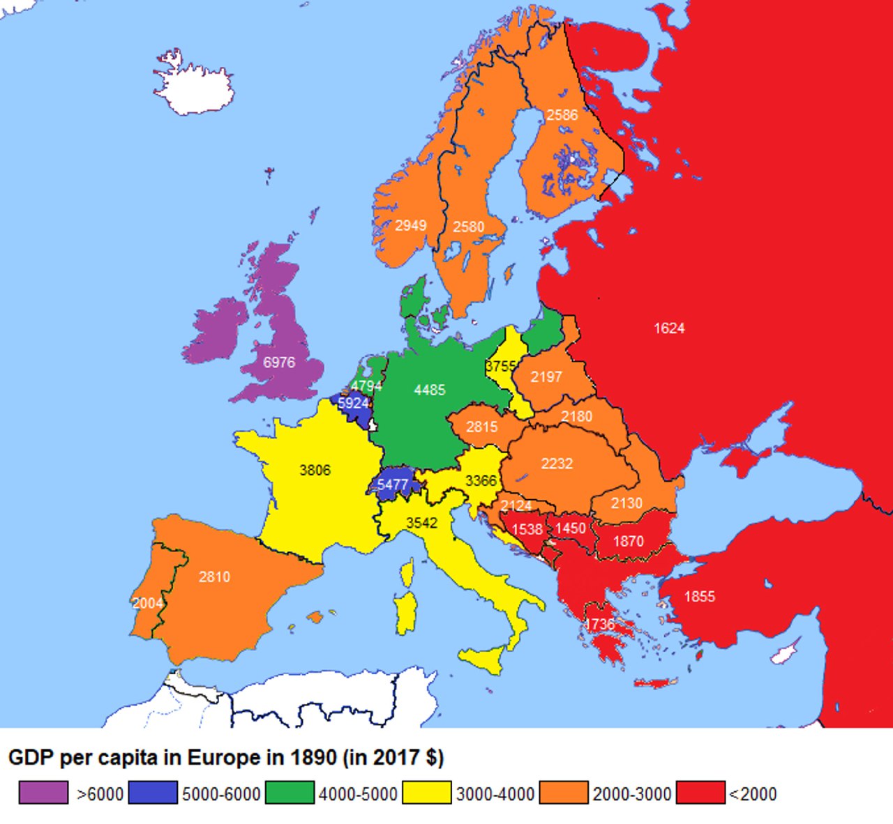 Карта Европы (1890): подушевой ВВП по странам в долларах 2017 года, цветовая шкала и числовые значения на территориях