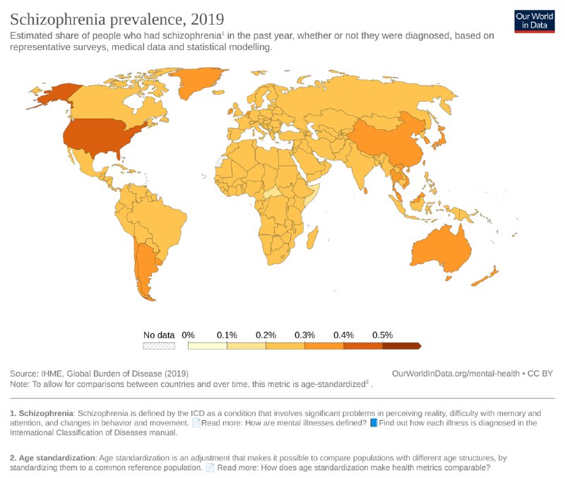Карта распространённости шизофрении в 2019 году по странам, визуализированная цветовой шкалой и географическим распределением.