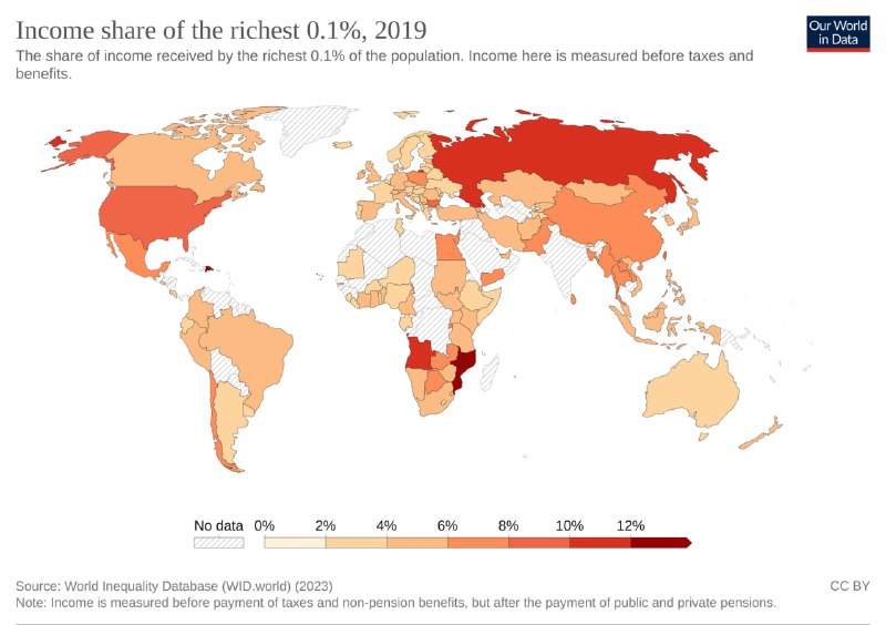 Карта мира 2019: доля доходов 0,1% самых богатых по странам, тёмно‑красные участки указывают на высокую концентрацию, без подробных подписей.