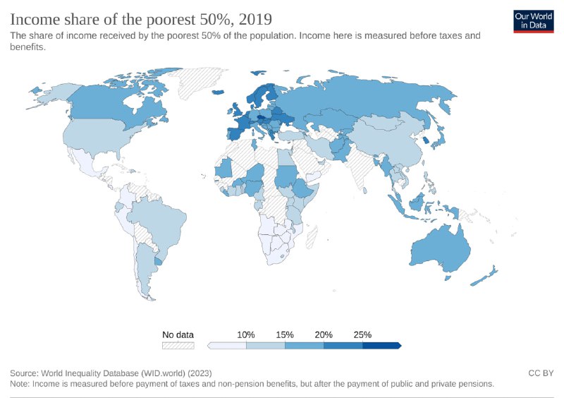 Карта мира 2019: доля доходов беднейших 50% по странам, синие оттенки показывают относительную долю, без подписей, видна география бедности/долей.