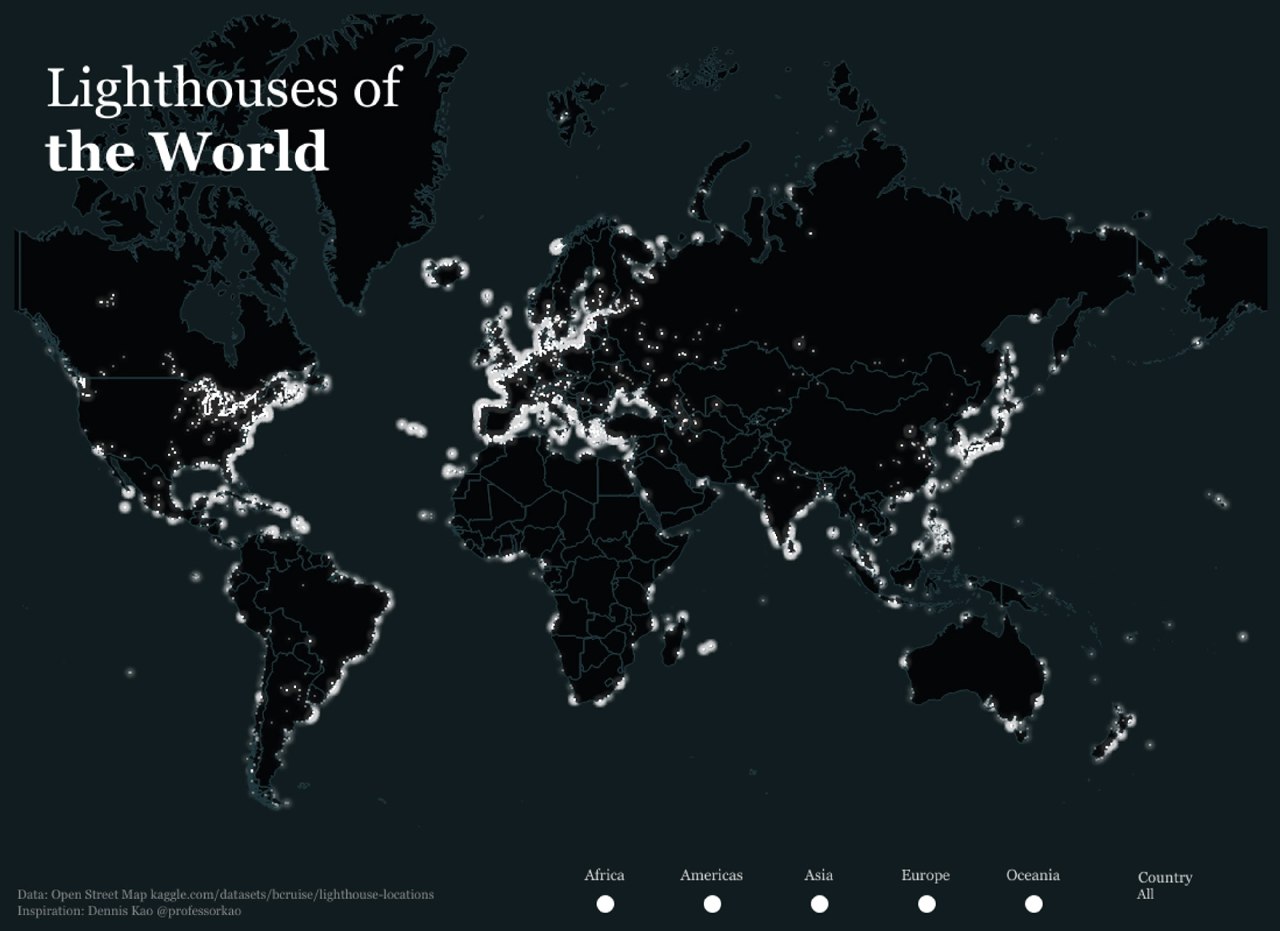 Темная карта мира с надписью 'Lighthouses of the World', где яркие светящиеся точки вдоль побережий и островов показывают расположение 45 967 маяков.