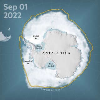 Кадр карты Антарктиды с морским ледяным покровом за 2022–2023 годы; жёлтой линией показана медианная граница 1981–2010.