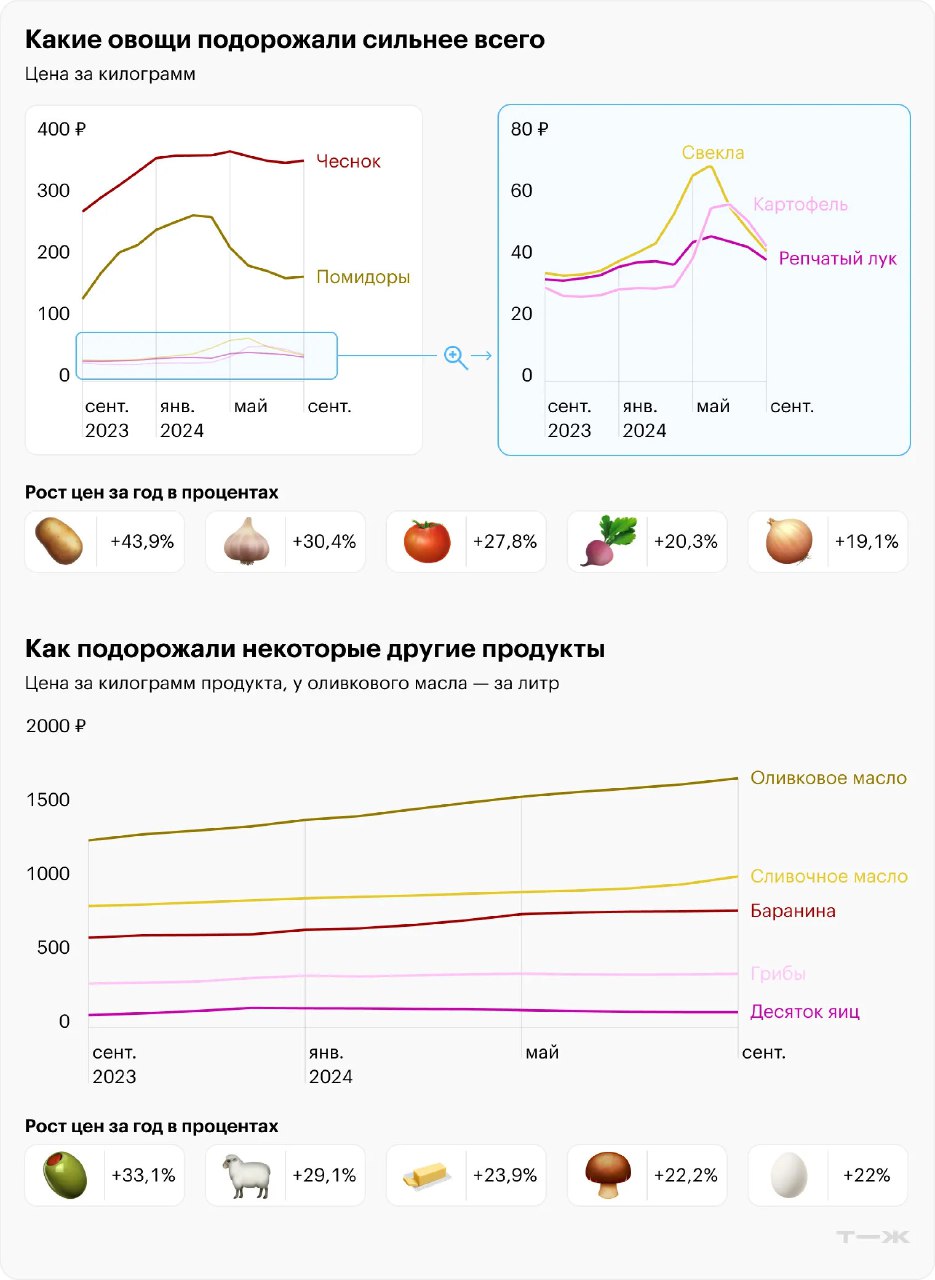 Инфографика: графики роста цен на овощи и другие продукты в России за сентябрь 2023—сентябрь 2024, видны линии для чеснока, помидоров и масла