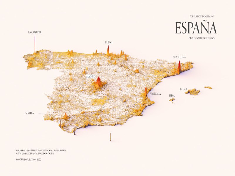 Стилизованная карта Испании 2022 (España), плотность населения показана посредством точек и вертикальных пиков на чистом светлом фоне для сравнения регионов.