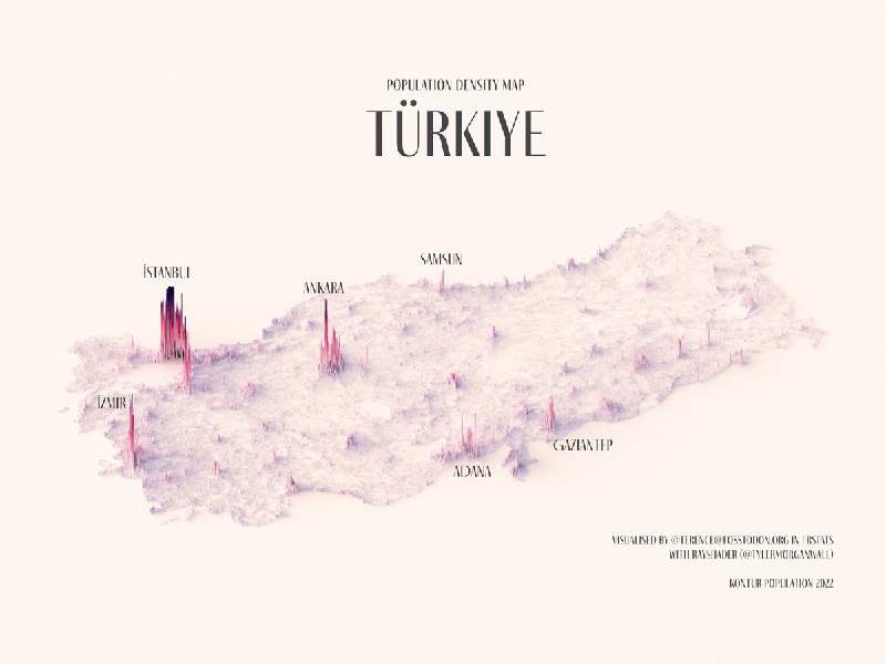 Стилизованная карта Турции 2022 (Türkiye), точки и вертикальные пики отображают плотность населения и урбанистические центры на пастельном нейтральном фоне.