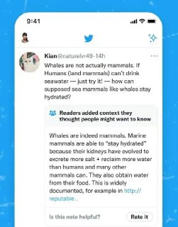 Скриншот интерфейса Twitter на мобильном: заметка Community Notes под твитом с поясняющим контентом и кнопкой оценки пометки сообщества.