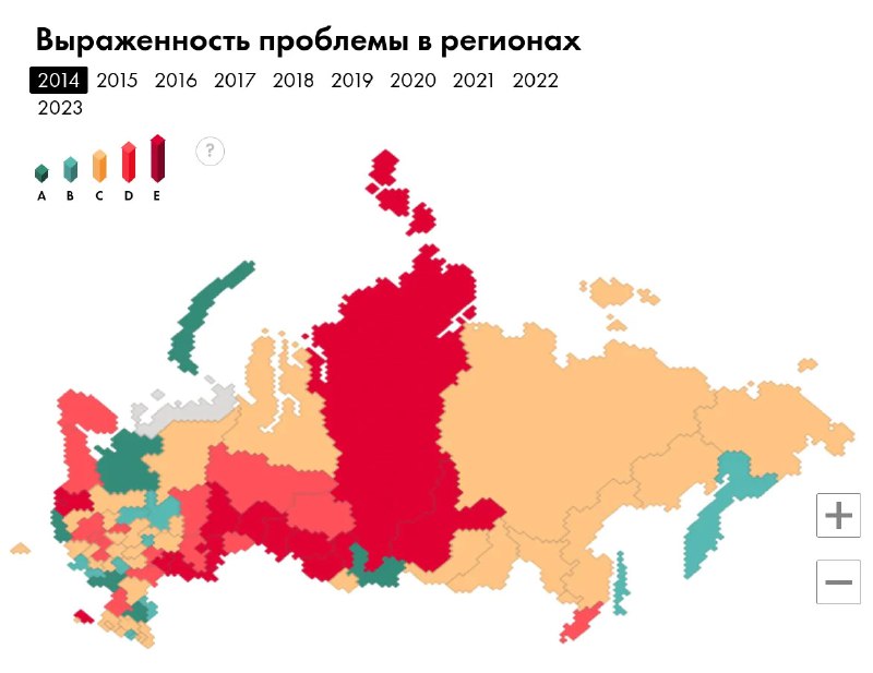 Схематичная карта России с цветовой шкалой и выделенными регионами, показывающая выраженность проблемы ВИЧ по регионам в серии диаграмм по годам.