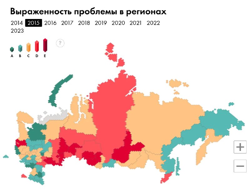 Карта России с цветовыми зонами и легендой, визуализирующая распределение выраженности ВИЧ по регионам в наглядной годовой серии графиков.