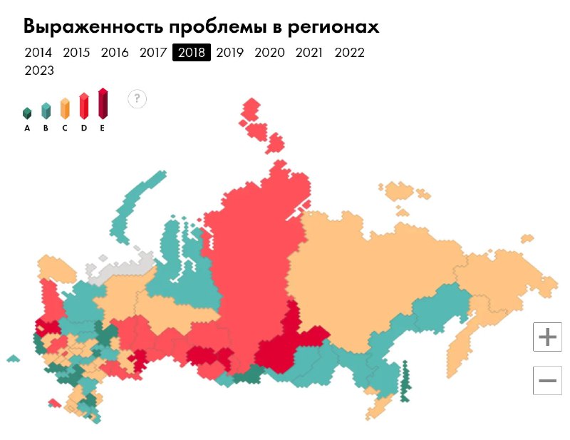 Хронологическая серия карт России с цветовой градацией, иллюстрирующая выраженность проблемы ВИЧ в регионах и региональные различия по годам.