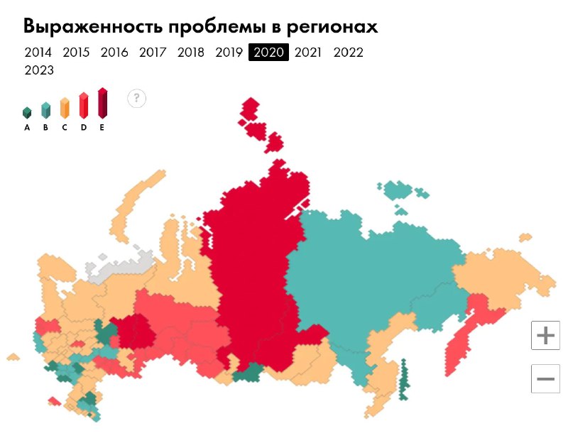 Серии карт России с цветовой шкалой и пометками регионов, содержающие данные по выраженности эпидемии ВИЧ в разные годы наблюдений.