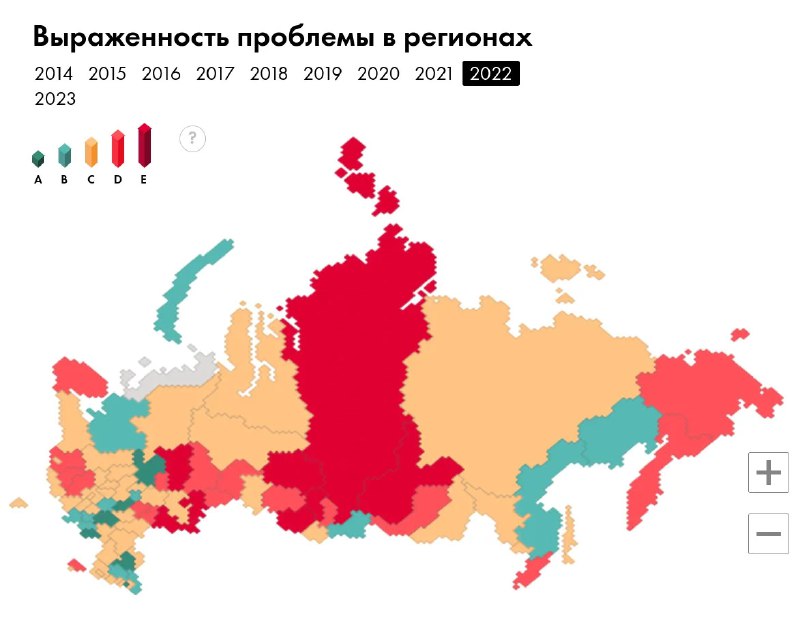 Карта России с различной окраской регионов и легендой, представляющая сравнительные показатели выраженности ВИЧ в регионах в динамике.