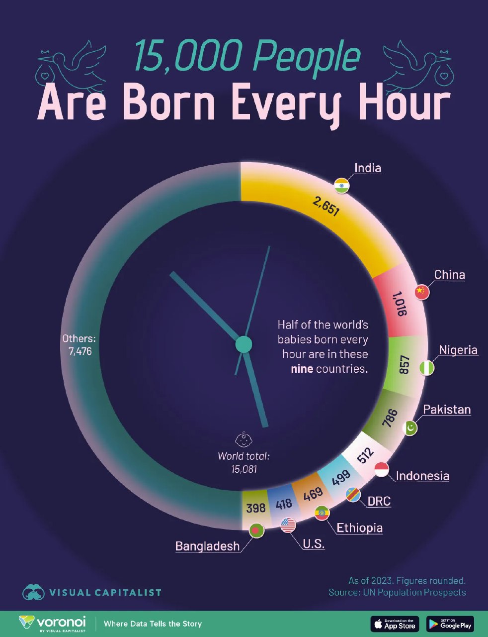 Инфографика Visual Capitalist: круговая диаграмма о том, сколько младенцев рождается в час по странам мира в 2023 году.