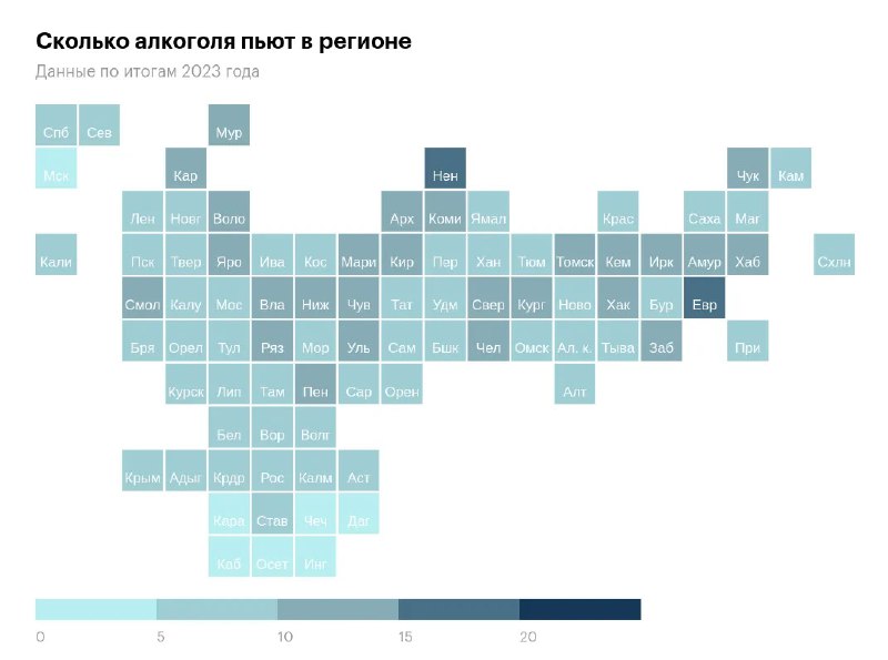 Схематическая карта России, составленная из прямоугольных блоков для регионов, иллюстрирующая объёмы потребления алкоголя по регионам в 2023 году и их сравнительную величину.