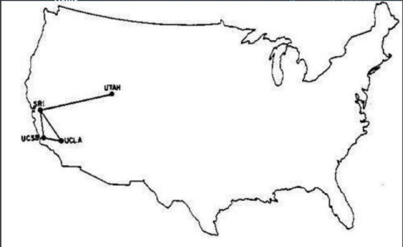 Чёрно‑белая карта США с обозначением сети ARPANET 1969 и линиями связи между узлами на западном побережье.