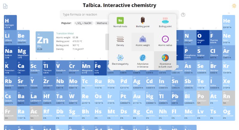 Скриншот Tablica с раскрытым меню инструментов и опциями отображения, видна сетка периодической таблицы на заднем плане.