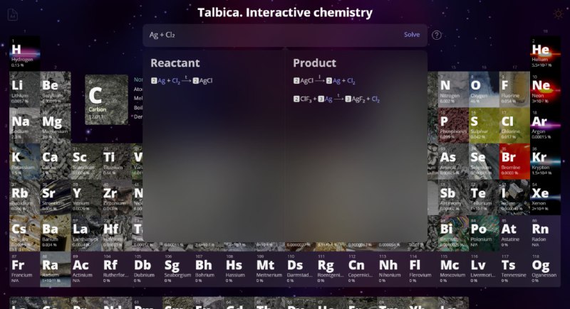 Окно симуляции реакций в Tablica: панель с полями Reactant и Product на фоне периодической таблицы, показана настройка реагентов.