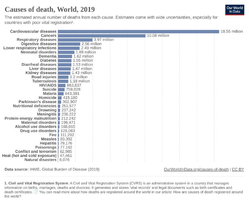 Полосная диаграмма с числом смертей по различным причинам в мире в 2019 году; каждая полоса подписана и показывает абсолютные величины.