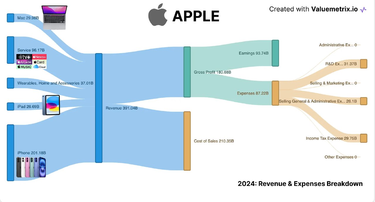 Схема Sankey с логотипом Apple: разбивка выручки 391 млрд $ и издержек 2024 года по продуктам и статьям расходов.