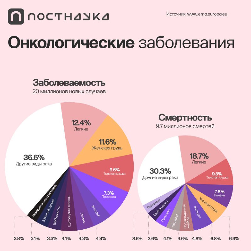 Инфографика на розовом фоне с логотипом «ПостНаука»: две круговые диаграммы по заболеваемости и смертности, подписи и легенда.