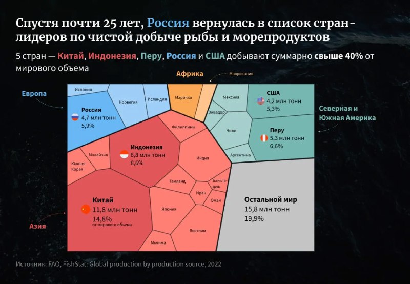 Инфографика: диаграмма распределения мировой добычи и производства рыбы между странами в виде дерева или картограммы, данные за 2024 год