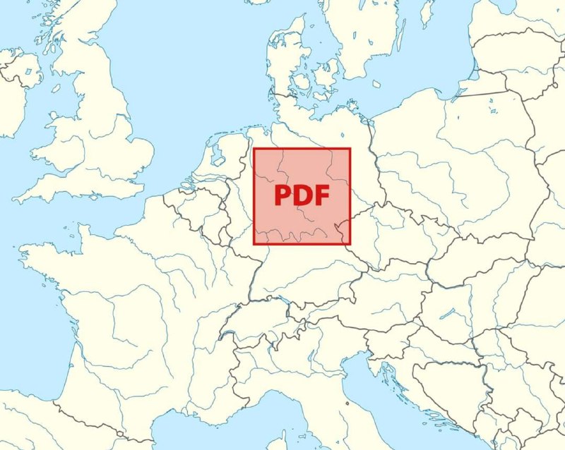 Карта Европы с красным квадратом и подписью «PDF», показывающая масштаб файла: квадрат со стороной 381 км наложен на контуры государств.