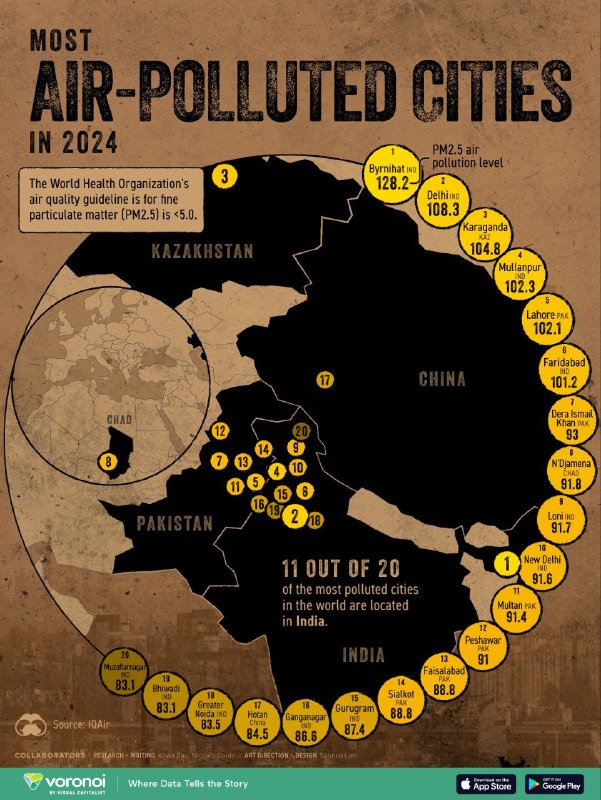 Инфографика Visual Capitalist: карта с подписями и метками 20 городов мира с самыми высокими среднегодовыми концентрациями PM2.5 в 2024 году.