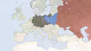 Карта Европы с подсветкой территорий и выделенными фронтами Второй мировой войны; превью видео‑инфографики о размерах армий.