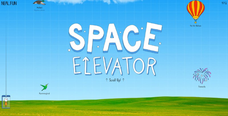 Заставка интерактивного сайта Space Elevator: крупный заголовок на фоне зелёного ландшафта и чистого неба с сеткой высот и метками.