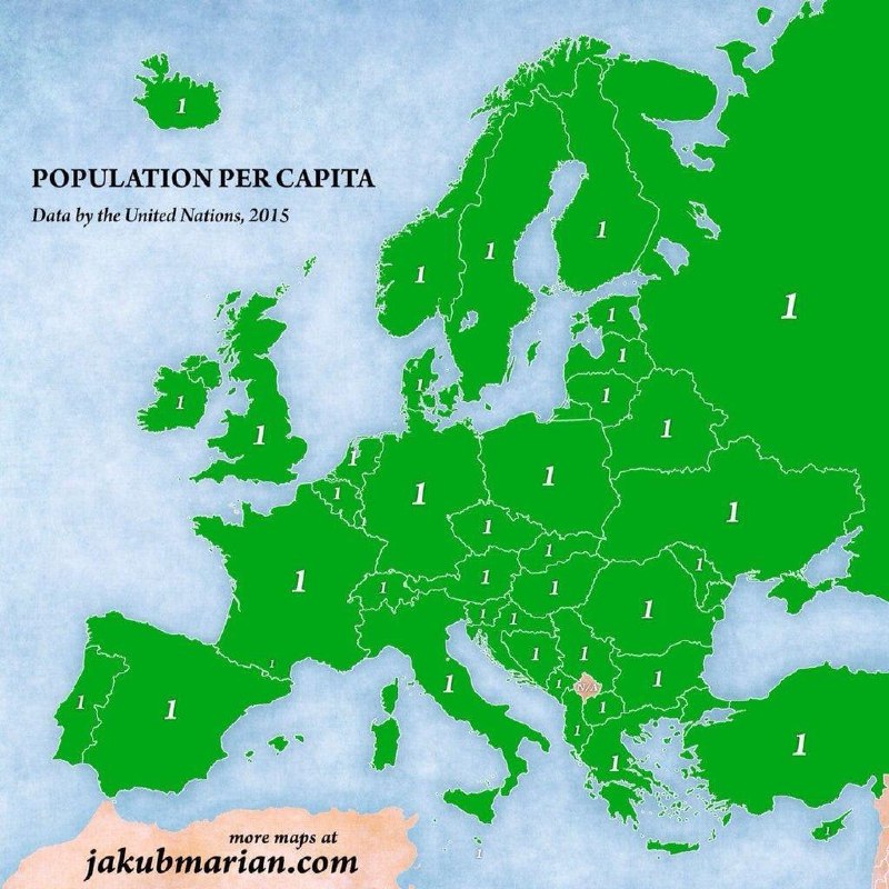 Инфографическая зелёная карта Европы 2015 с надписью «Population per capita», показывающая численность людей на душу населения по странам.