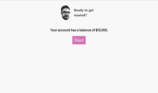 Скриншот начального экрана Time The Market: виртуальный баланс $10,000, кнопка «Start» и простой интерфейс торговли.