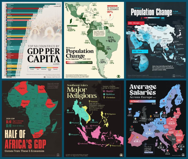 Коллаж из ярких карт и инфографик Visual Capitalist: ВВП на душу, изменение населения, средние зарплаты и карты регионов.