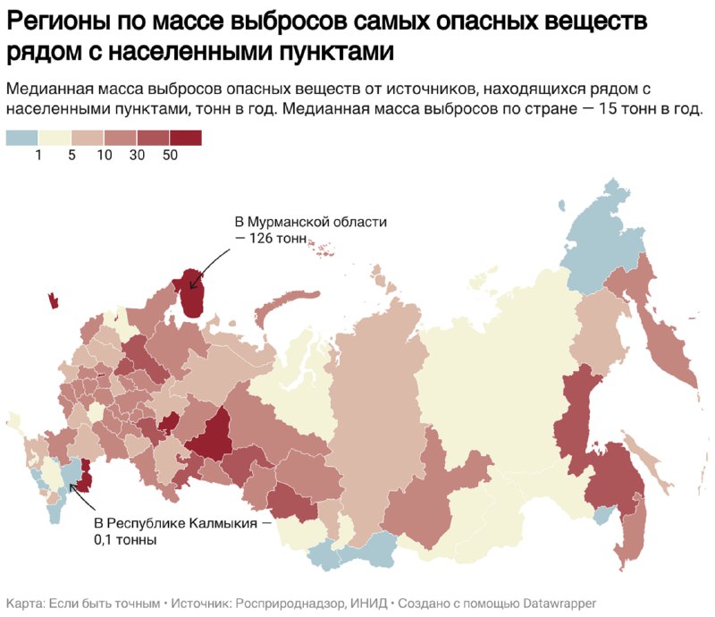 Хороплетная карта регионов по массе выбросов самых опасных веществ рядом с населёнными пунктами, с подписями регионов и шкалой тонов.