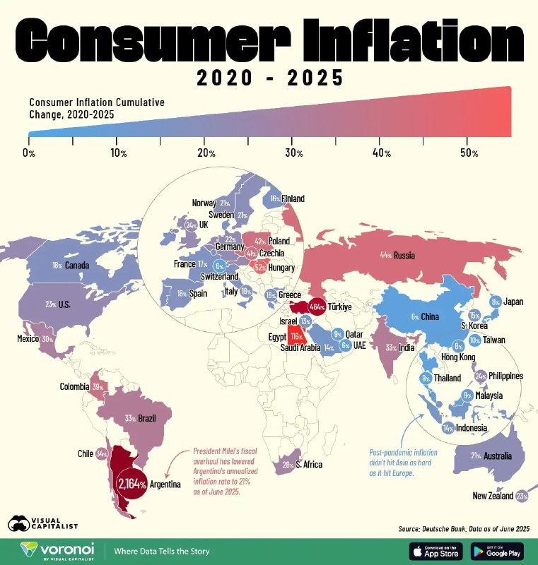 Инфографика: мировая карта с накопленным уровнем потребительской инфляции по странам за 2020–2025, цветовая шкала и легенда показывают диапазоны изменений.