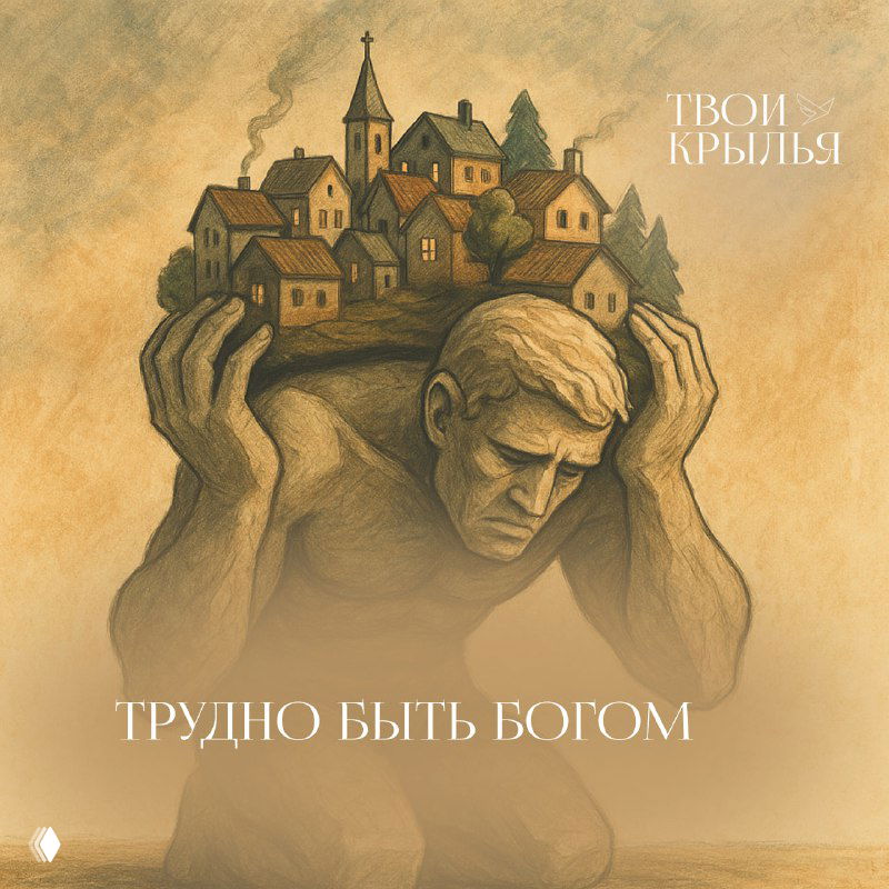 Иллюстрация: уставший мужчина несёт на плечах маленький городок — метафора бремени ответственности и роли «спасающего».