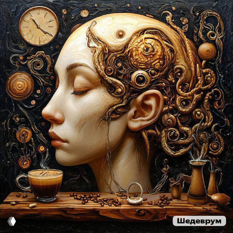 Сюрреалистический живописный портрет женщины с механическими элементами и кофейными мотивами; на столе чашка кофе и часы