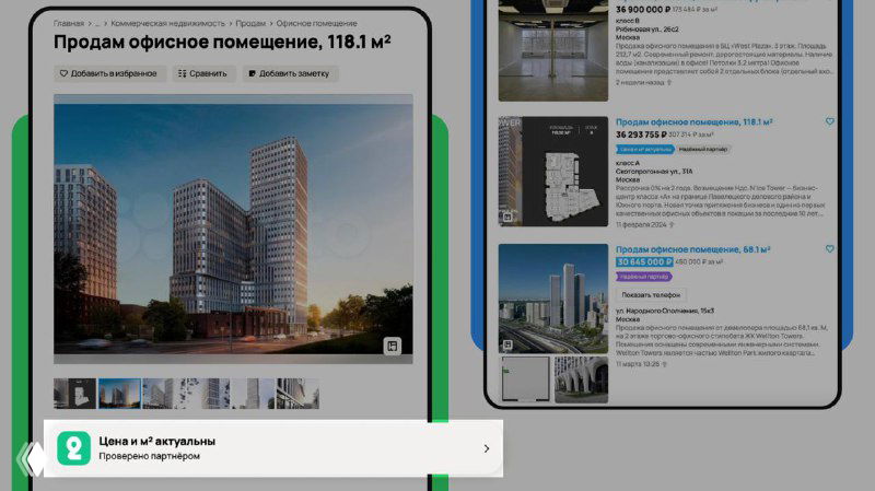 Скриншот объявления на Авито: карточка коммерческой недвижимости с плашкой подтверждения цены и площади в интерфейсе сайта или приложения.