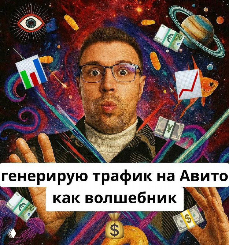 Портрет мужчины в очках на ярком космическом фоне с иконками денег, графиков и текста «генерирую трафик на Авито как волшебник», рекламный креатив.