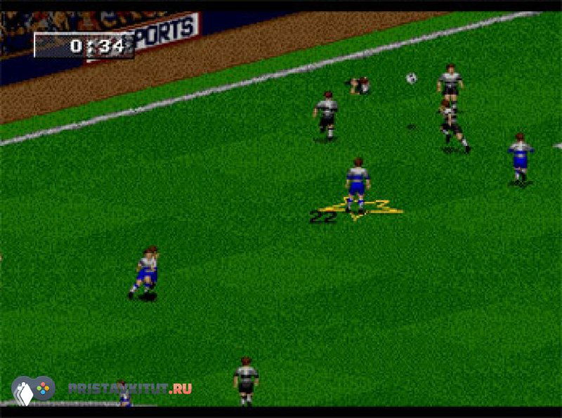 Скриншот футбольной аркадной игры: вид сверху на зелёное поле с игроками, курсор выделяет текущего футболиста, виден таймер матча.