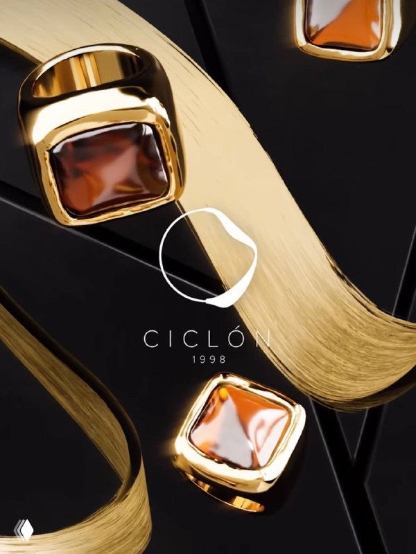Стилизация из золотых украшений с квадратными коричневыми вставками на тёмном фоне, рекламная визуализация дизайнерских деталей CICLON 1996