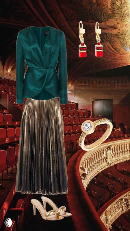 Коллаж вечернего образа: изумрудный бархатный жакет и плиссированная юбка на фоне интерьера театра, серьги и кольцо — комплект для выхода.