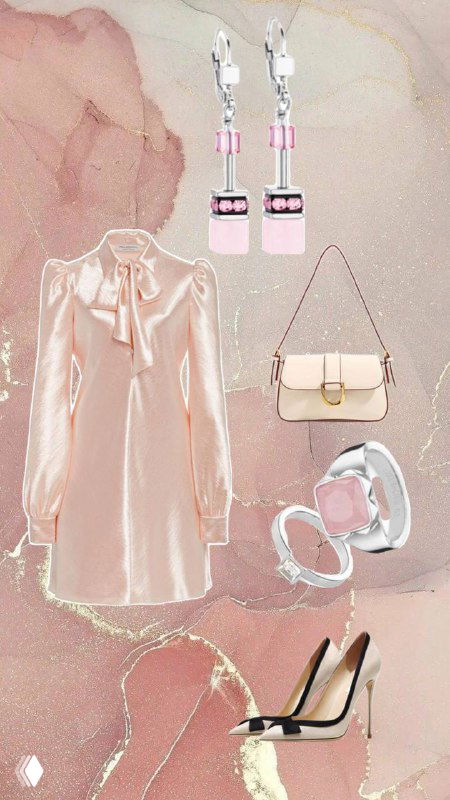 Коллаж нежно-розового образа: шелковистое платье, пастельные аксессуары и серьги на романтическом фоне — лёгкий вечерний лук.