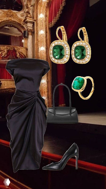 Коллаж лаконичного чёрного платья с зелёными камнями: серьги и кольцо в изумрудной гамме, тотал-лук для формального выхода в театр.