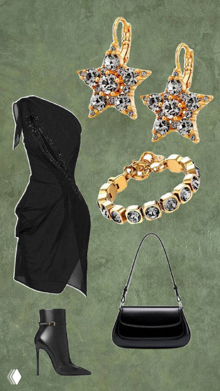 Коллаж блестящего и звёздного образа: чёрное платье, звездные серьги и золотистое кольцо на фоне залов театра — праздничный акцент.